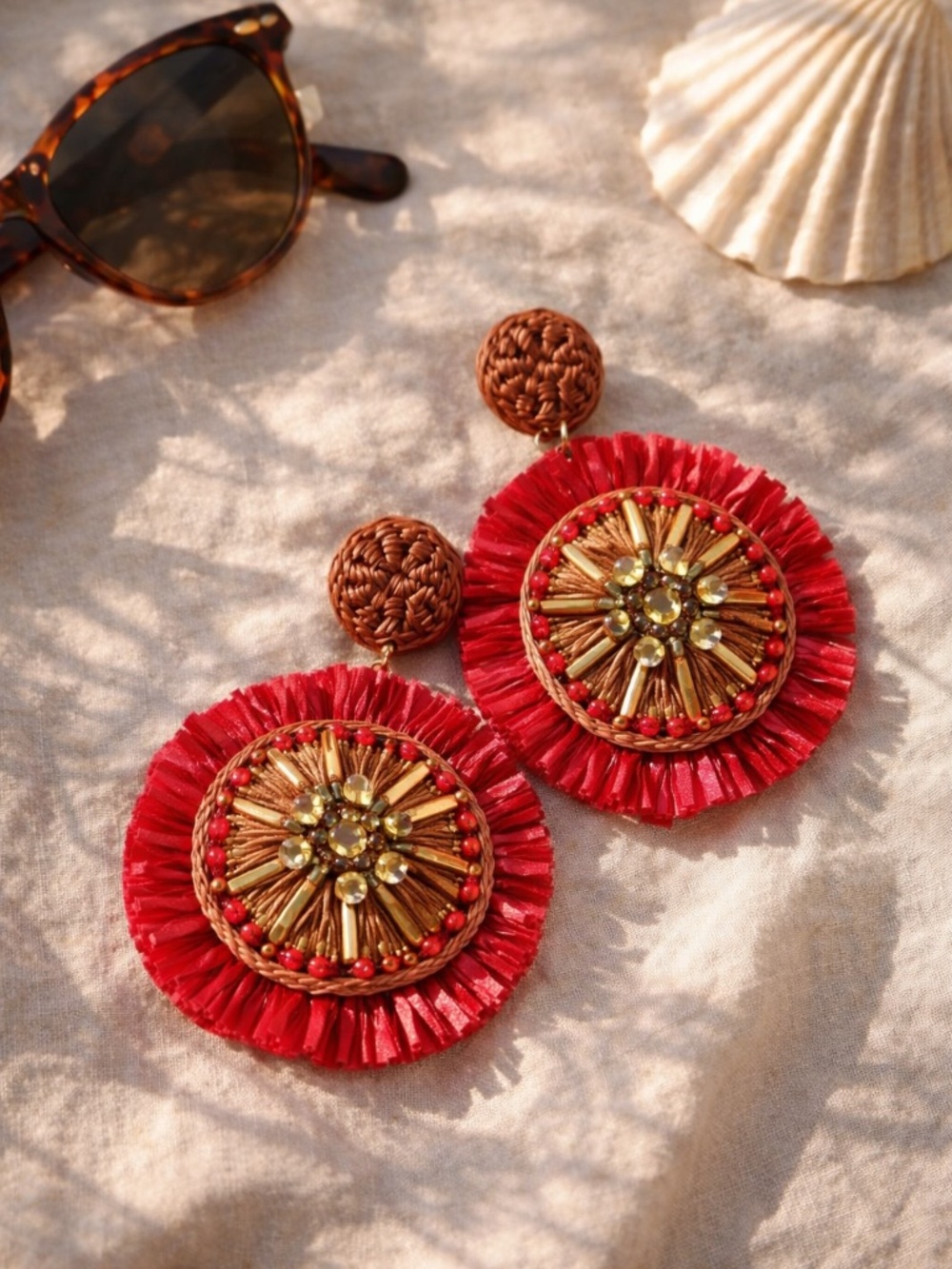 J.Crew Red Raffia Statement Earrings NWT Beaded Crystal Fringe Resort Vacation